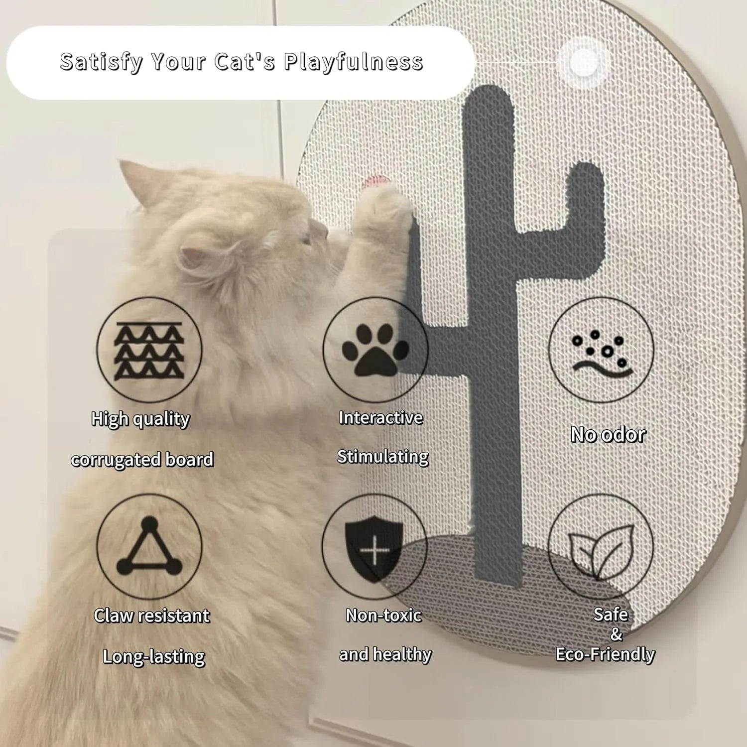 Wall mounted cat scratching pad with corrugated cardboard surface measuring 35cm by 44cm