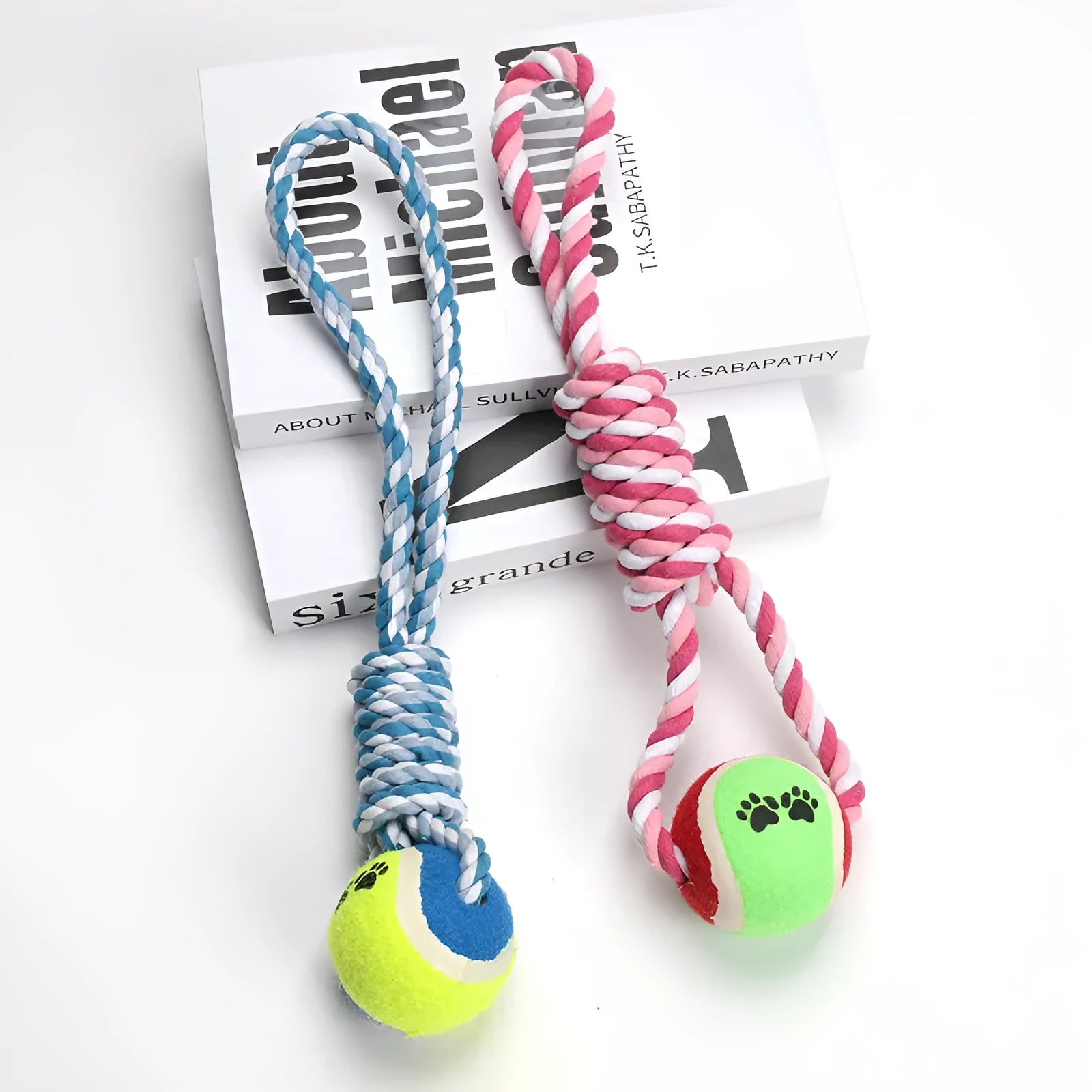 Red, white, and blue cotton string dog toy for medium and large breeds, approximately 38cm long.