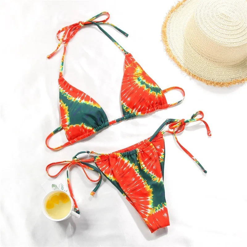 Women's polka dot split swimsuit bikini set with floral and gradient pattern options