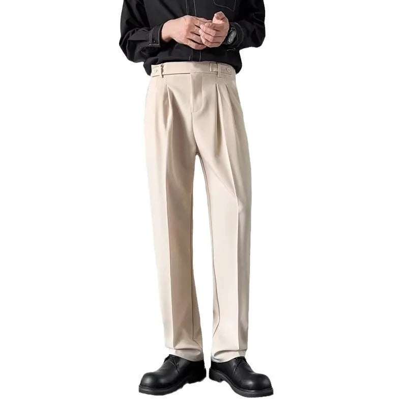 Men's straight-leg loose fit suit trousers in polyester fabric, available in apricot and black colours
