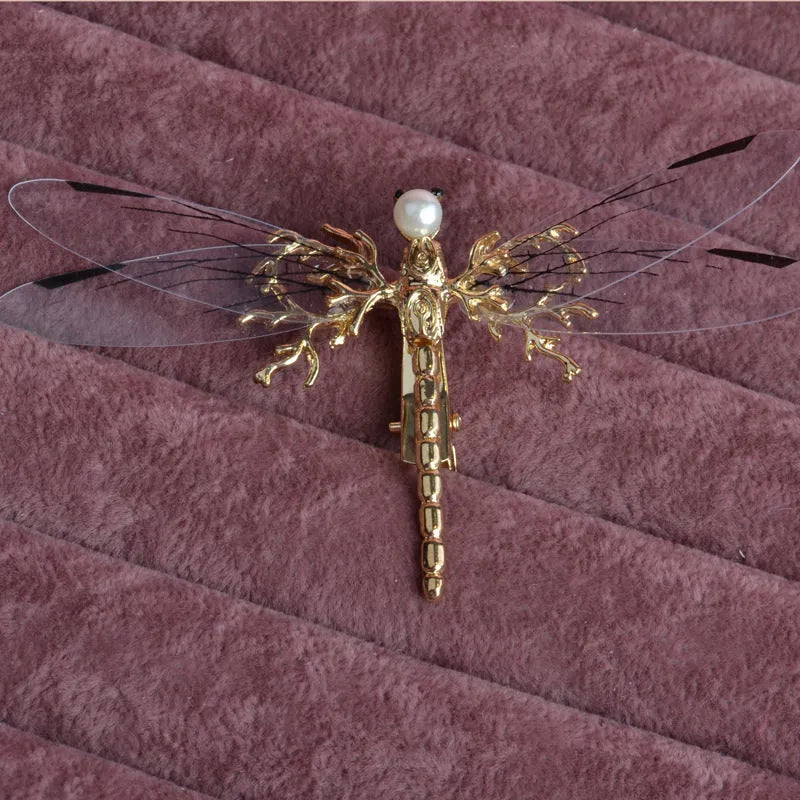 Golden dragonfly side clip headdress hair accessory with electroplated alloy construction