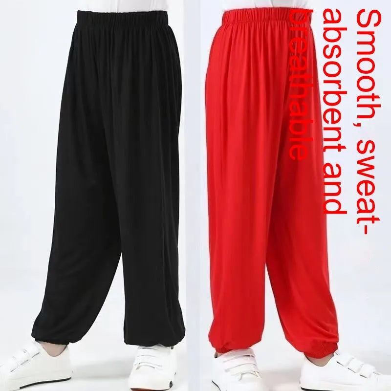 Children's black Lycra practice pants for Sanda martial arts training with high elasticity fabric