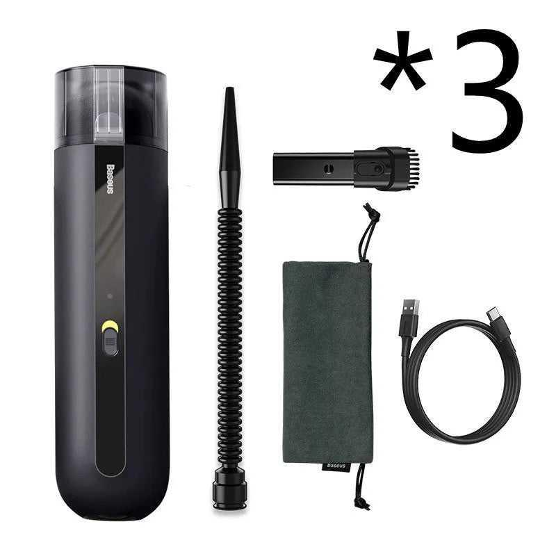 BASEUS wireless handheld car vacuum cleaner in black, white, or green, showing compact size and blowing hose attachment.