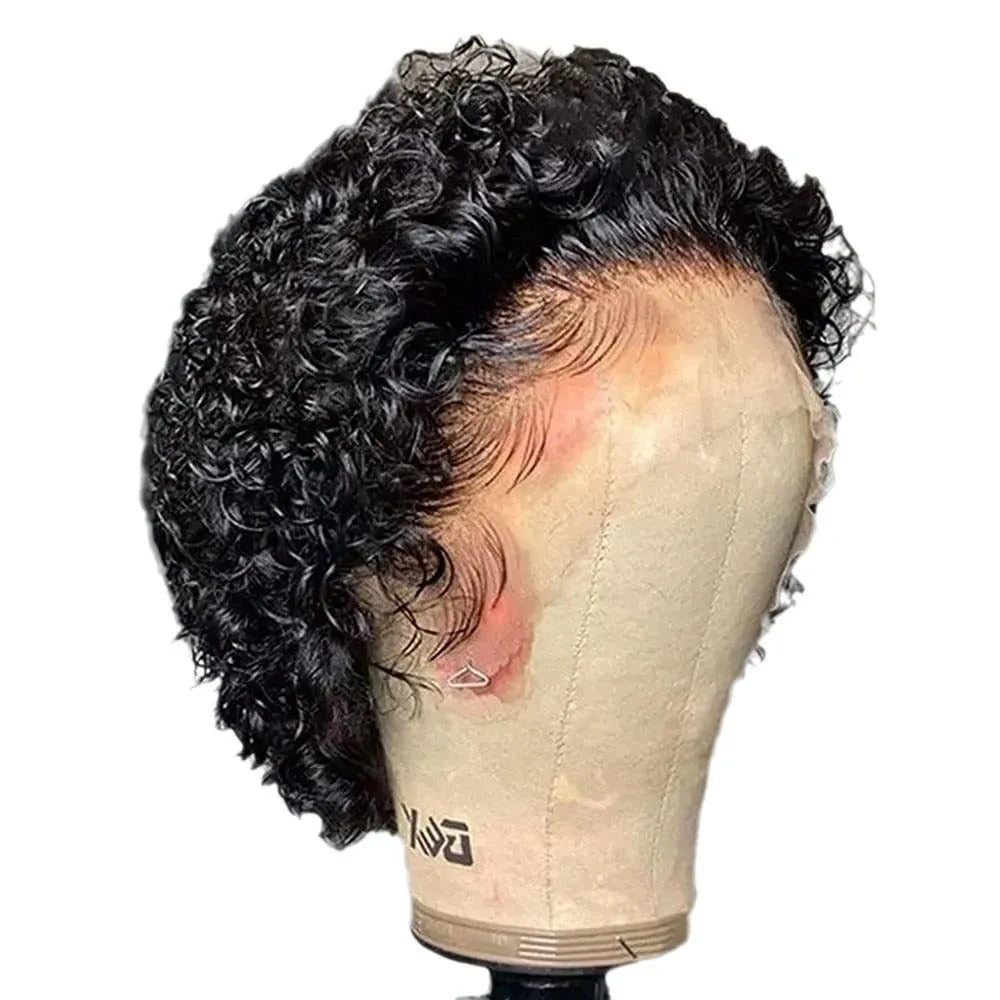 Black human hair lace front pixie wig in colour 13x1 on a model.