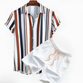 Men's casual suit set with short sleeve cardigan and matching printed shorts in polyester fabric