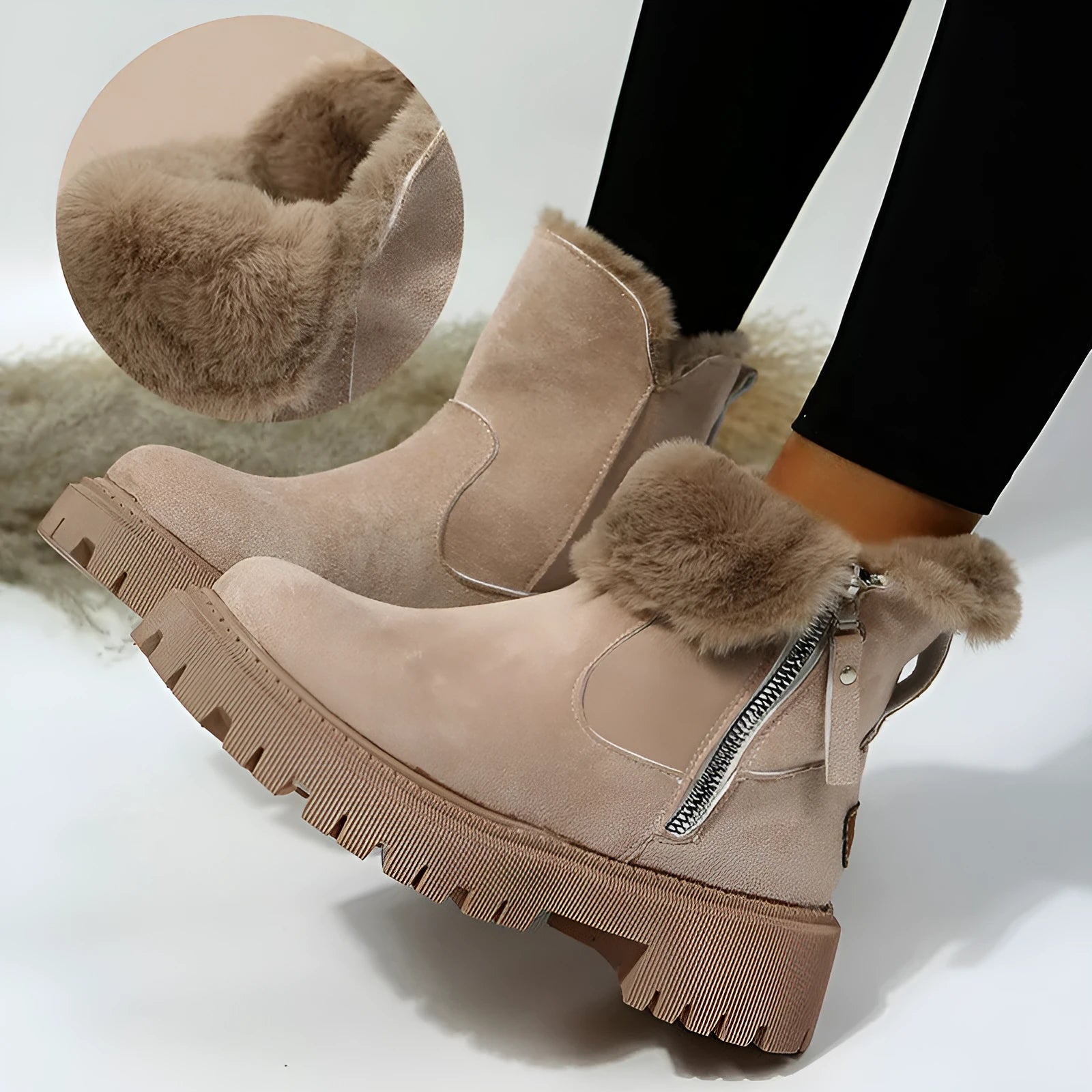 Women's black faux suede snow boots with thick plush lining and side zip closure