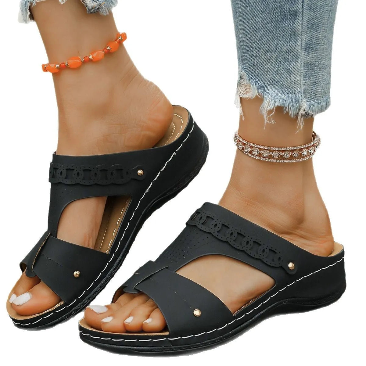 Roman style slope heel slippers with fish mouth toe design in multiple colour options