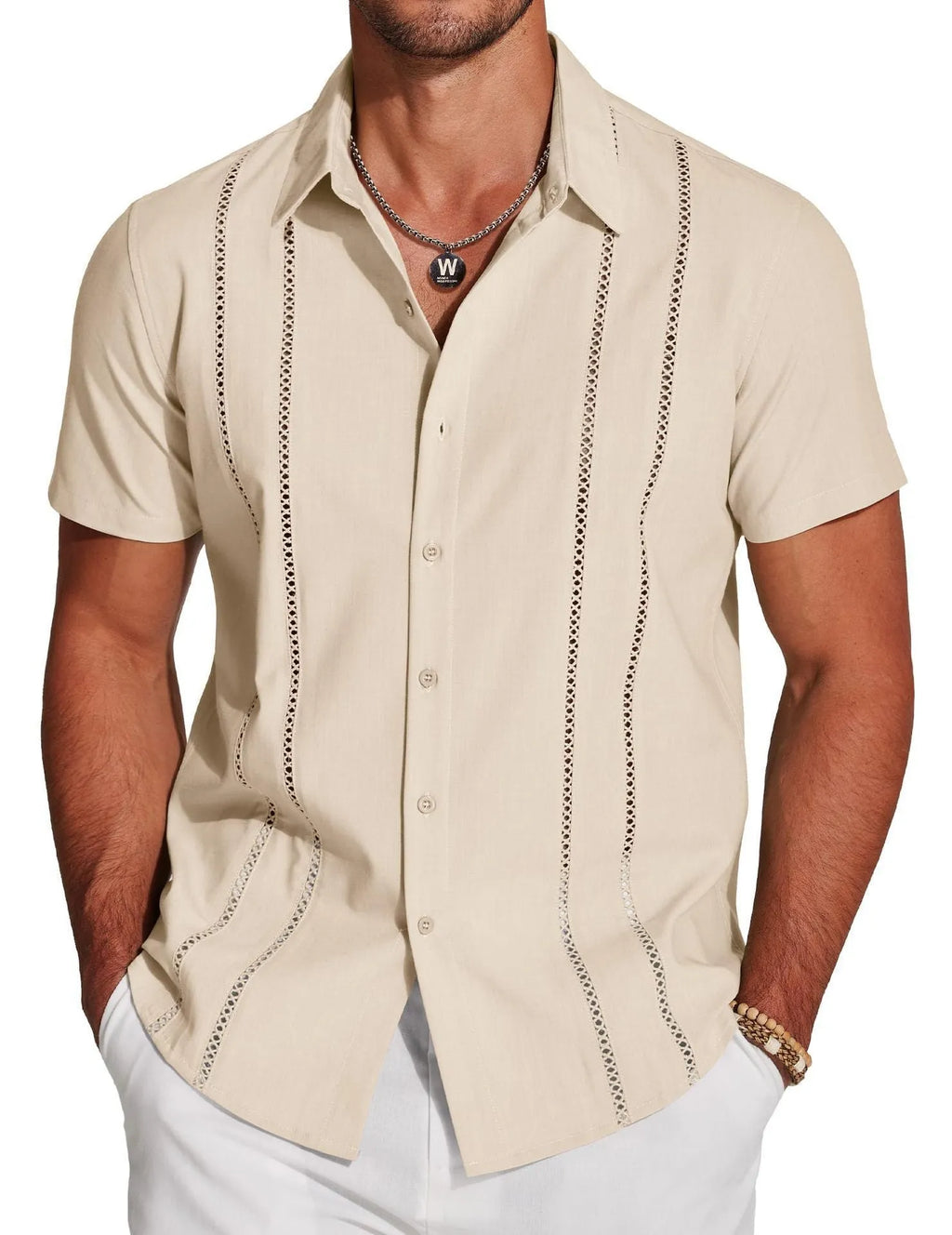 Men's slim fit short sleeve Hawaiian shirt with digital print in a cardigan style.