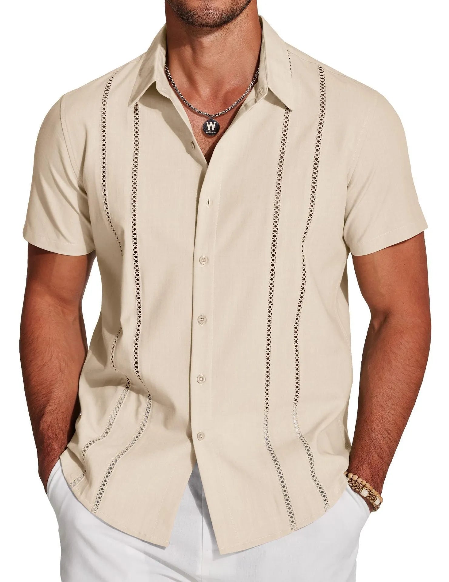 Men's slim fit short sleeve Hawaiian shirt with digital print in a cardigan style.