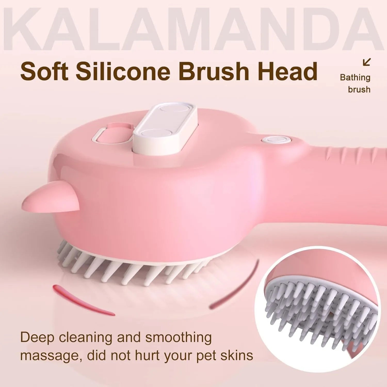 Blue cat steam brush with ergonomic handle and rubber bristles for pet grooming
