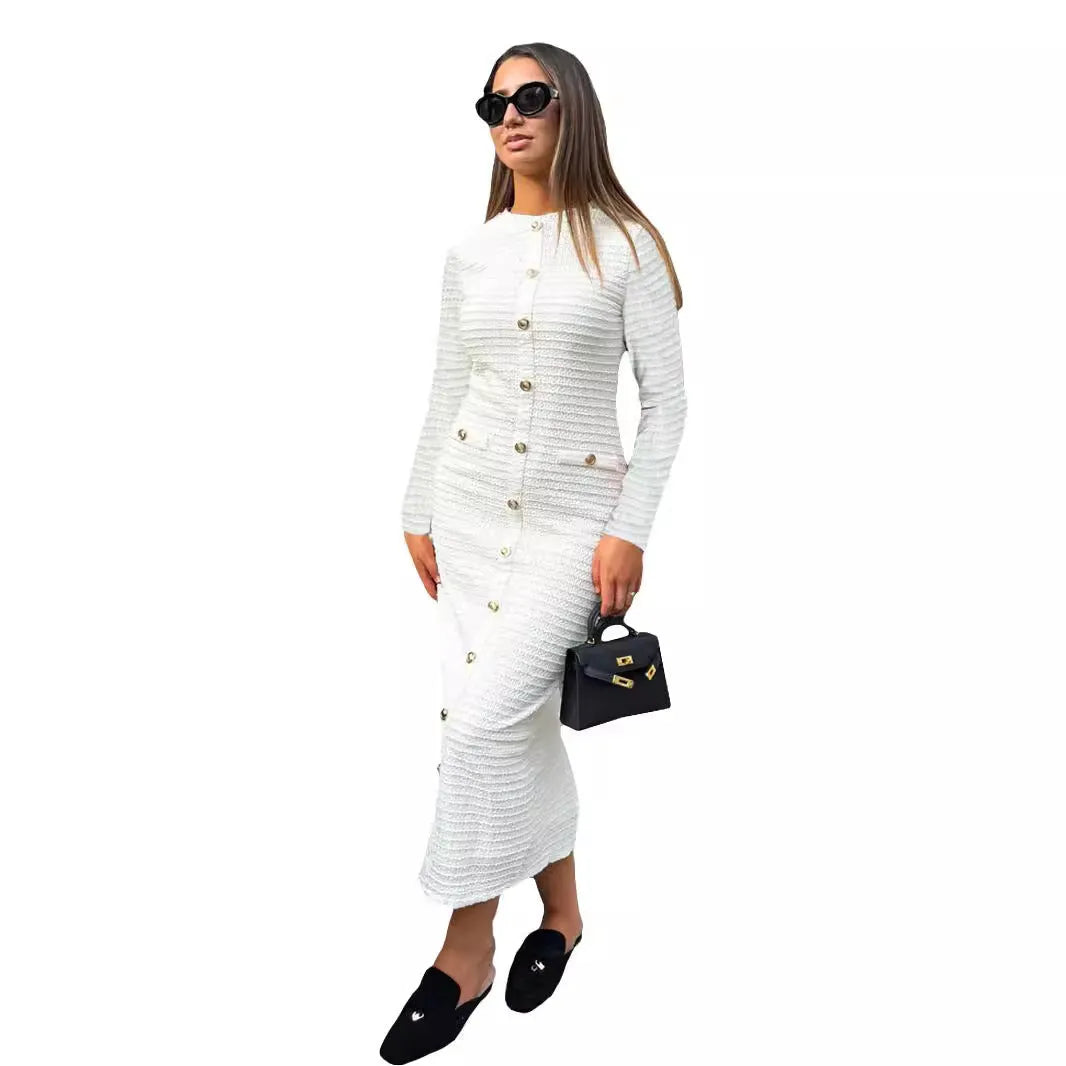 French retro slim fit knitted long sleeve dress in black with button detail and mid waist design