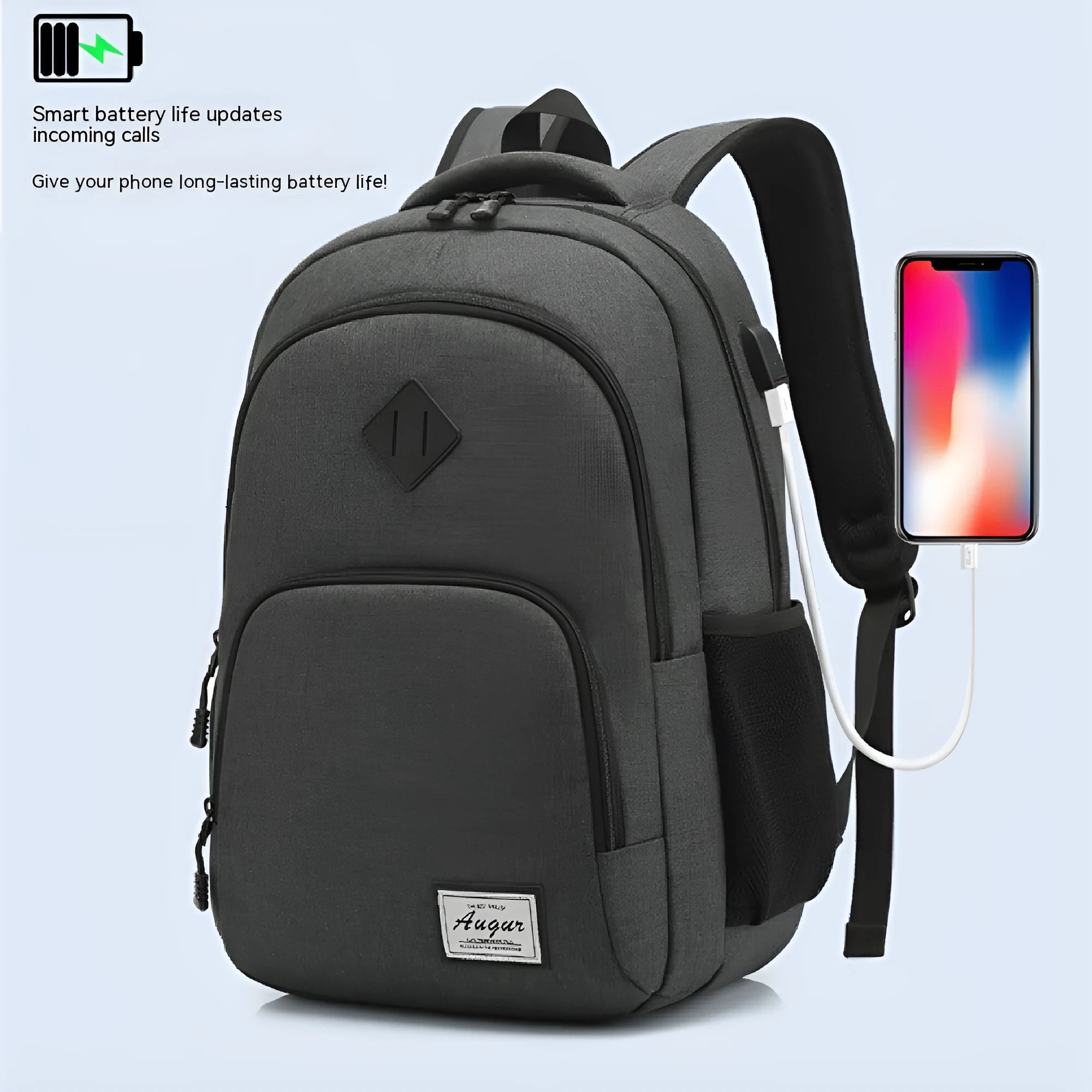 Grey lightweight backpack with USB charging port and trolley sleeve showing 32x15x46cm dimensions