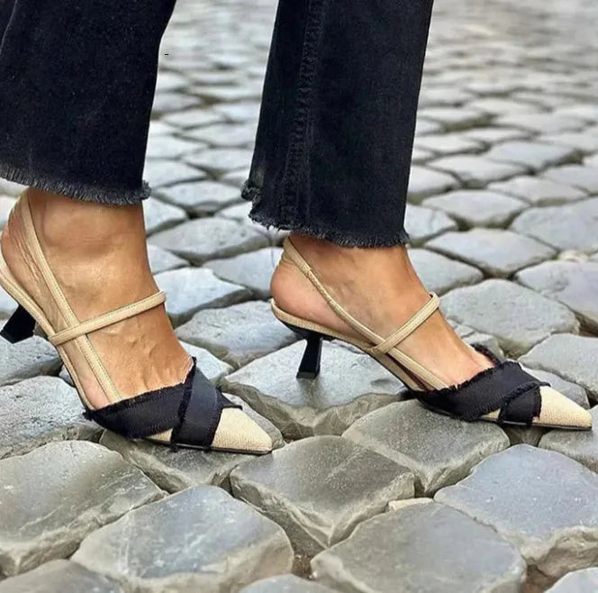 Apricot black colour block women's stiletto sandals with pointed toe and buckle strap.