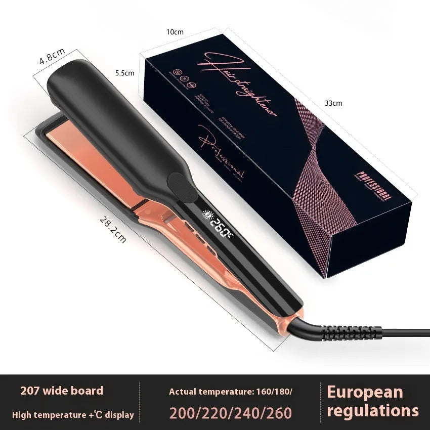 Hair straightener with negative ion technology and temperature display showing 207°C