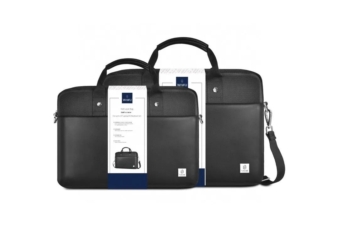 Black Oxford cloth laptop backpack showing multi-pocket design and lock closure, sized for 14 or 15.6 inch devices.