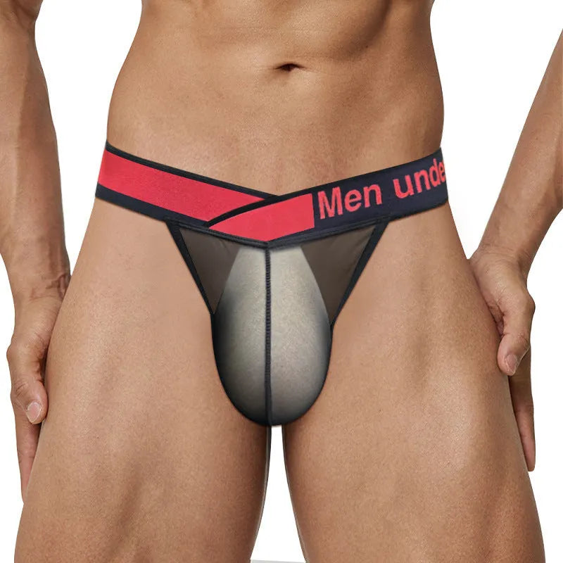 Men's transparent ice silk briefs with a large V-gradient cut and high fork design in red, black, or white.
