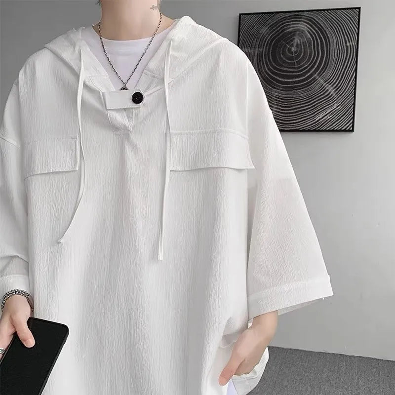 Men's loose fit hooded short sleeve t-shirt in solid colour on hanger