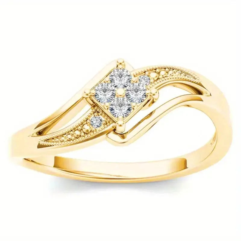 Yellow gold coloured copper diamond ring with geometric design and micro inlaid zircon detailing