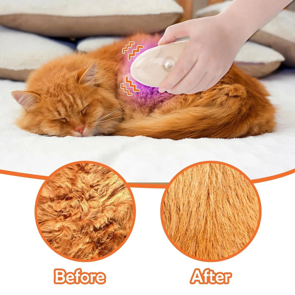 Yellow 4-in-1 cat steam brush with ringworm detector, water reservoir, and silicone grooming teeth