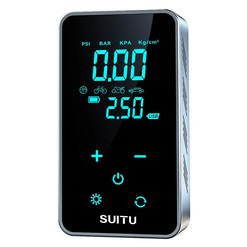 Compact wireless car tire inflator with LCD screen display and Type-C charging port shown with nozzle accessories