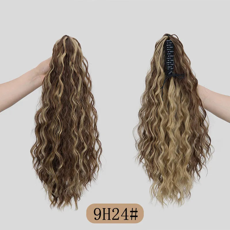 Synthetic corn curler wig with a textured water ripple grip ponytail, shown in a dark brown colour.