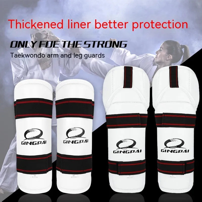 Taekwondo protective gear set showing arm guards, elbow protection and legguards in adjustable sizes