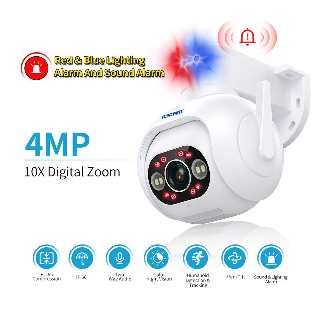 White plastic IP security camera with lens and wall mount bracket on a table.