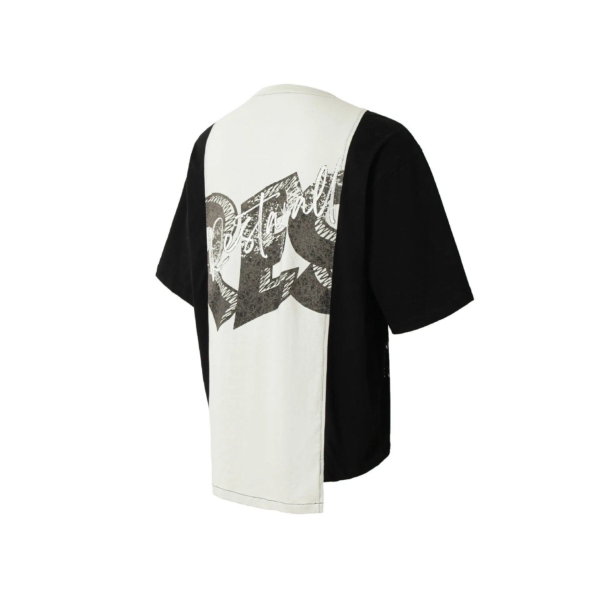 Black and white stitched deconstruction print cotton blend T-shirt with loose streetwear styling
