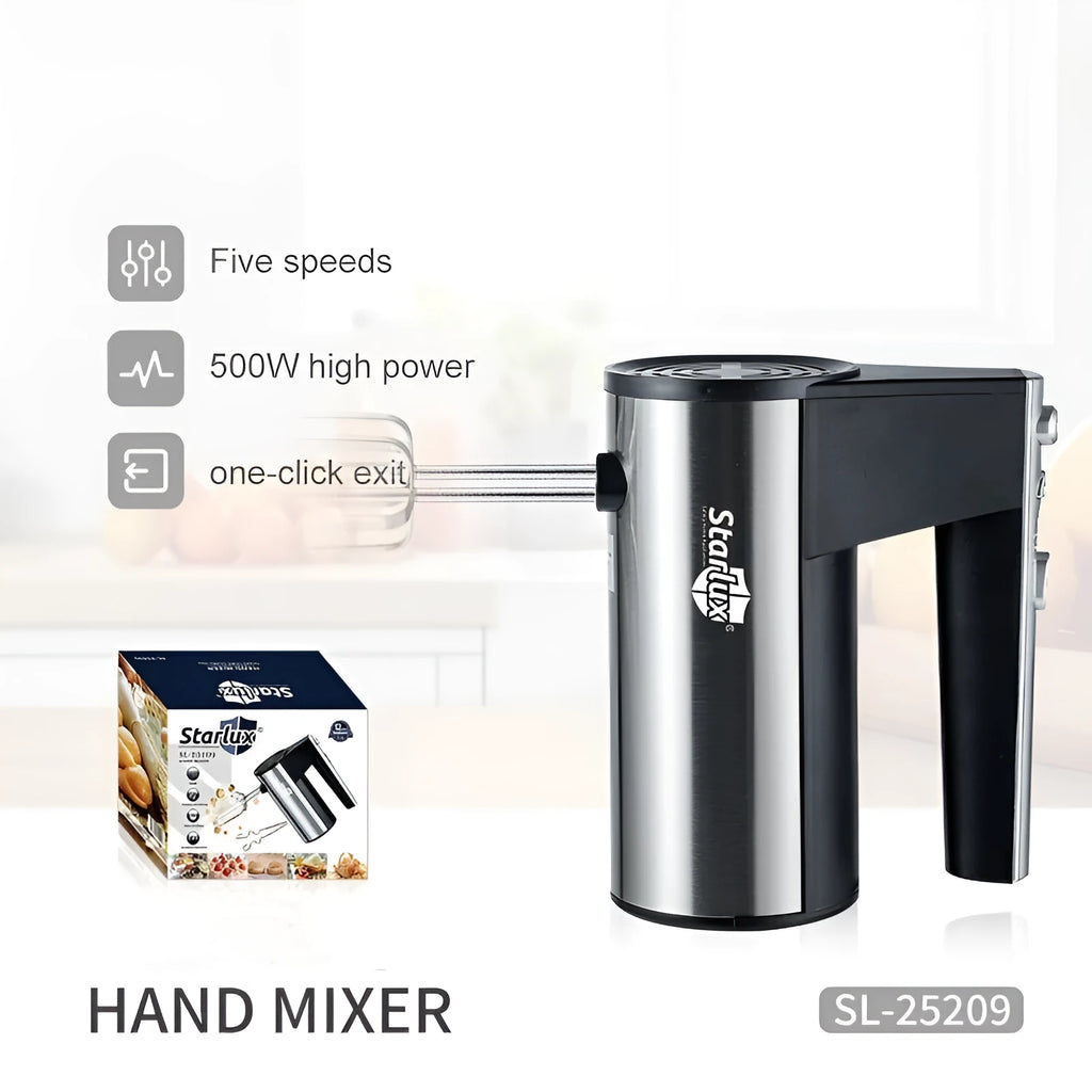 SL-25209 500W electric hand mixer with five speed settings and dual voltage compatibility