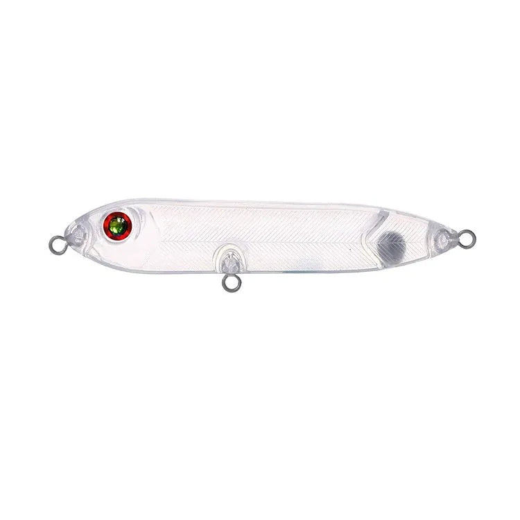 Transparent 9.5cm long blank soft plastic fishing bait body on a white background.