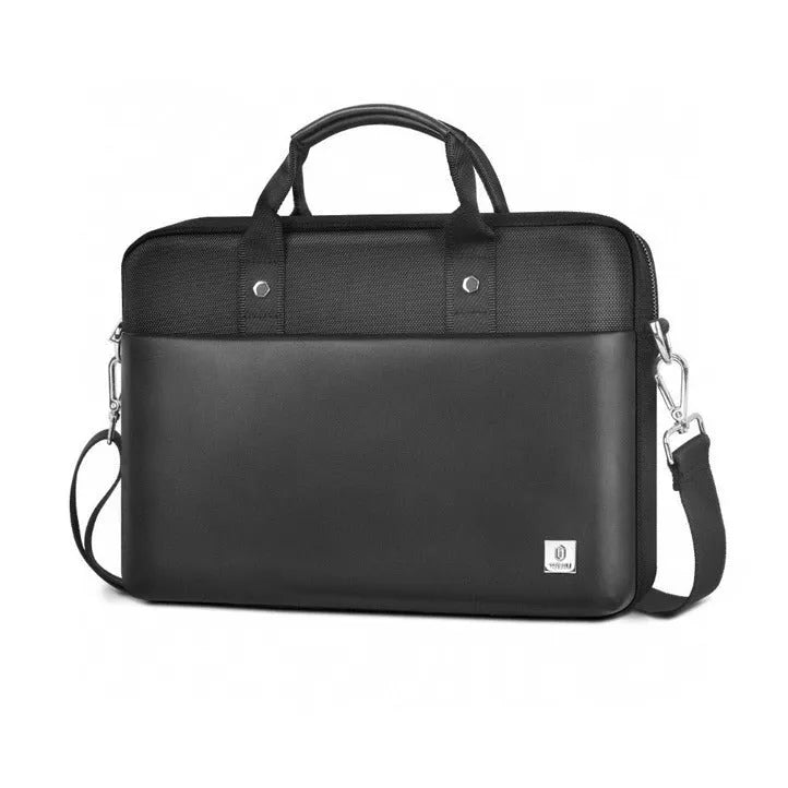 Black Oxford cloth laptop backpack showing multi-pocket design and lock closure, sized for 14 or 15.6 inch devices.