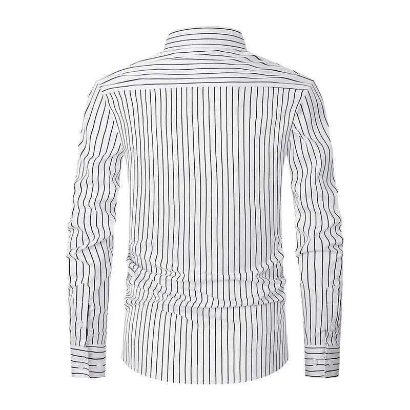 Men's slim fit striped long sleeve business shirt in ice silk polyester fabric.