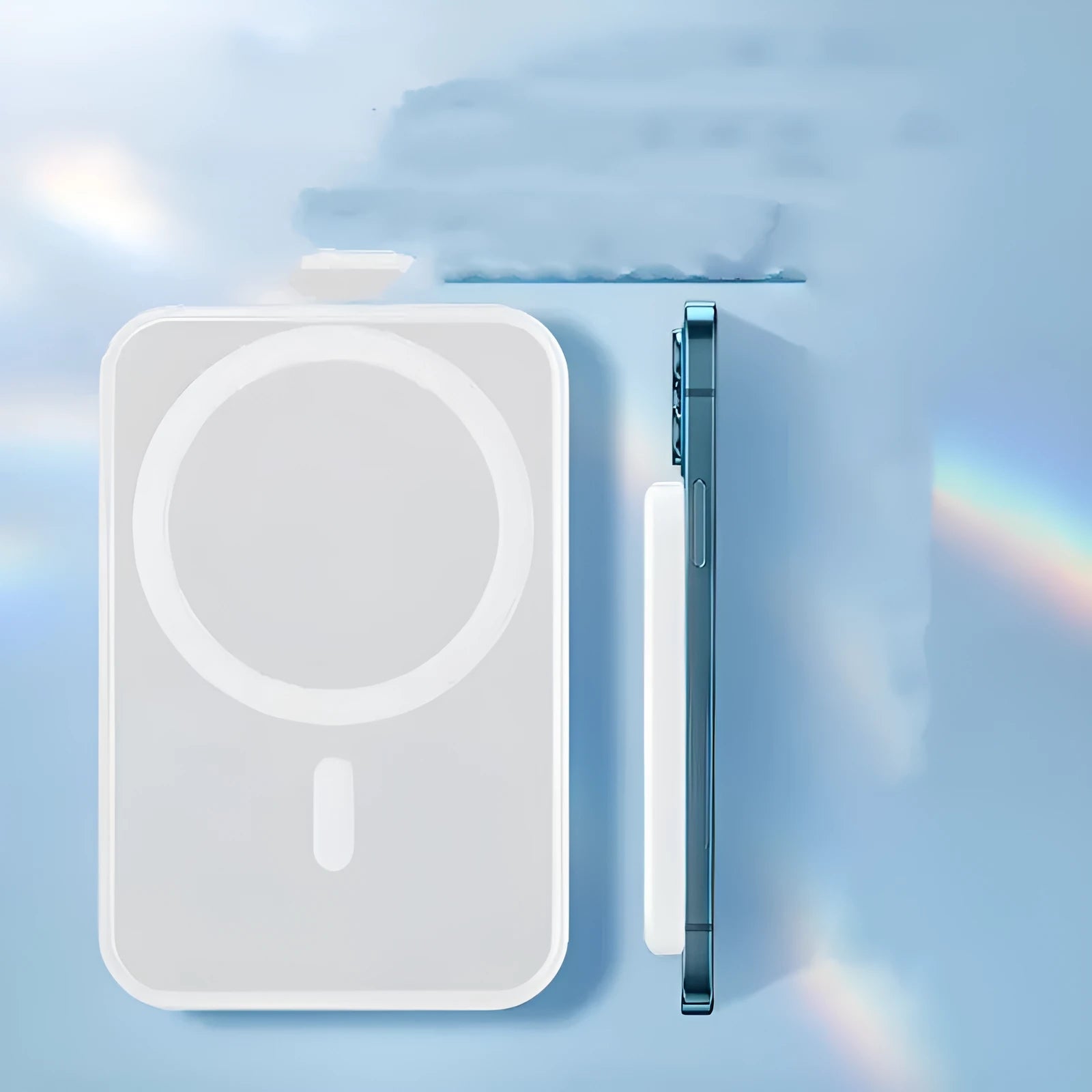 White wireless magnetic charging power bank with 5000mAh capacity and creative PVC casing design