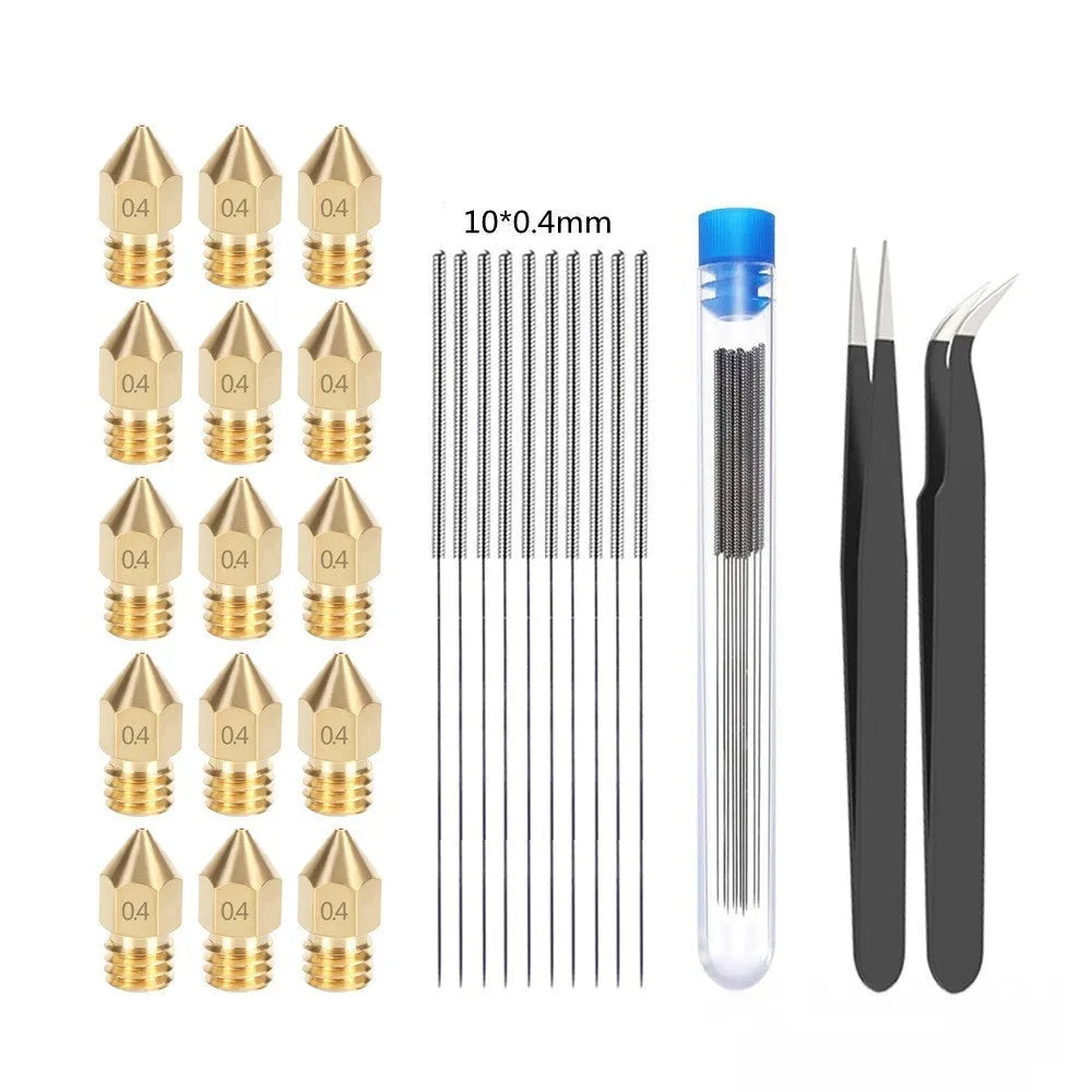 Brass MK8 nozzle and stainless steel cleaning pin kit for Ender 3 and CR-10 3D printers.