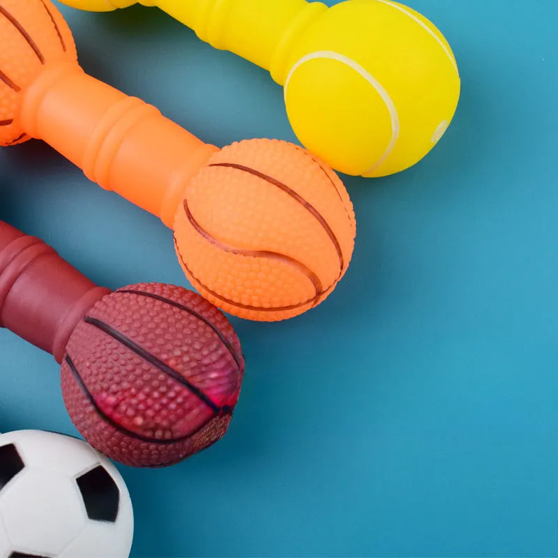PVC football dumbbell shaped squeaky chew toy for dogs in brown, orange, white, or yellow