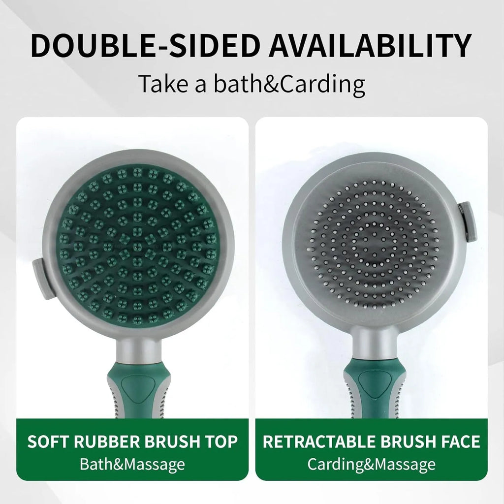 Green and pink two-sided pet grooming brush with a slicker head and a silicone massager head on a textured handle.