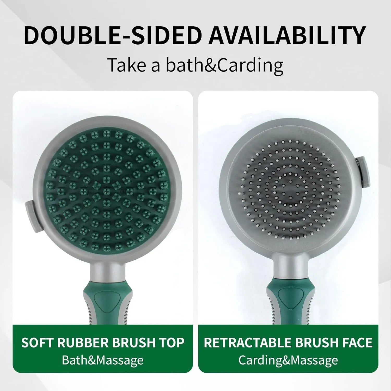 Green and pink two-sided pet grooming brush with a slicker head and a silicone massager head on a textured handle.