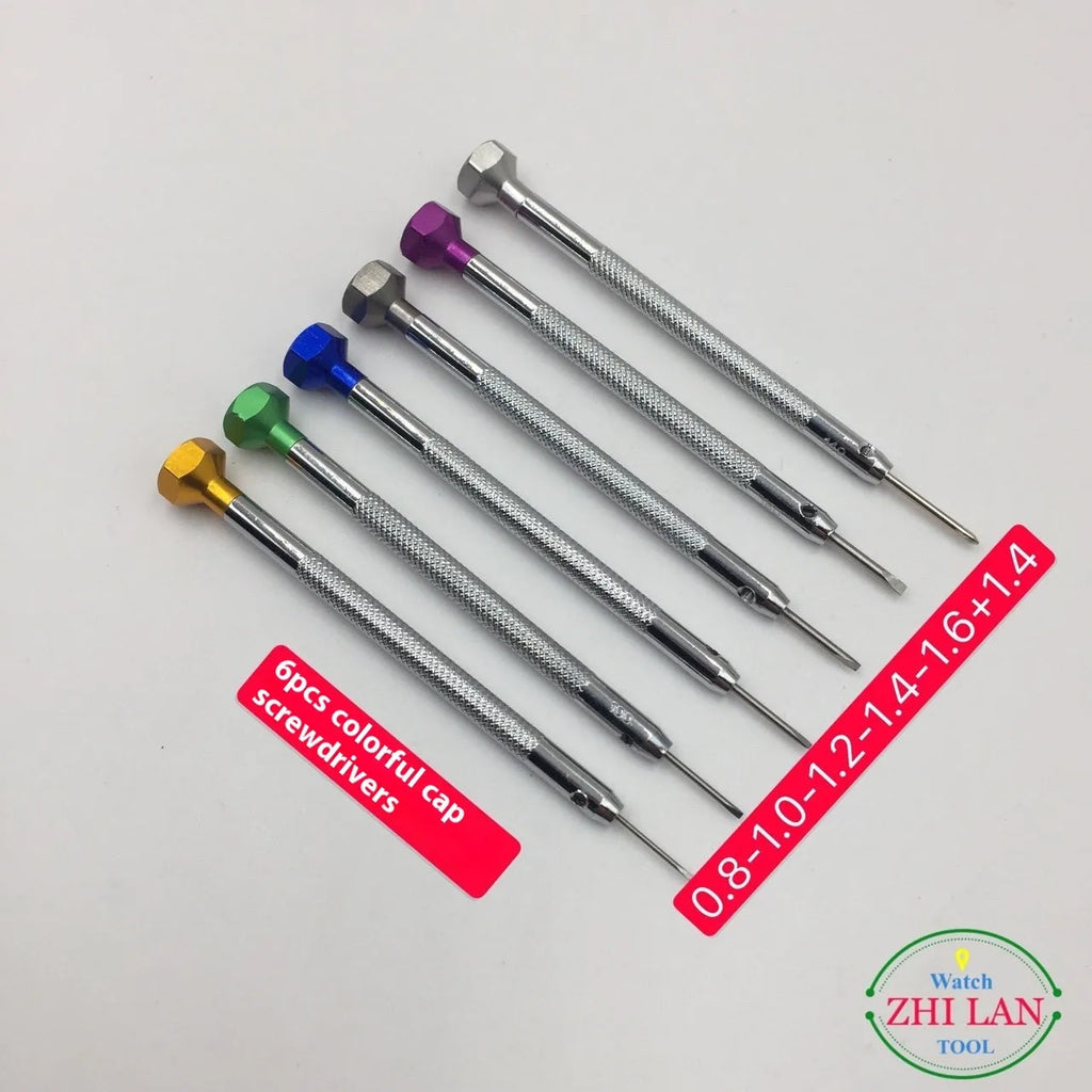 Six colour-coded aluminium screwdrivers with copper handles for watch repair and metre repair tool