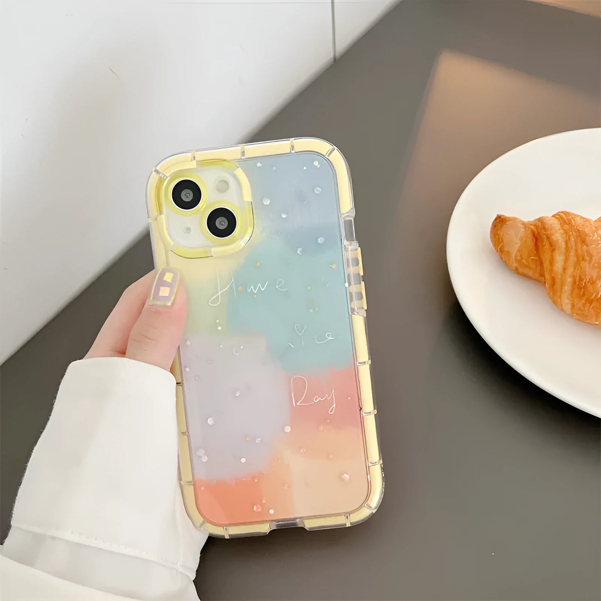 Minimalist contrast colour silicone phone case for iPhone 14 with a yellow edge.