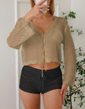 Hollow woven women's cardigan blouse with bell sleeves in imitation cotton fabric
