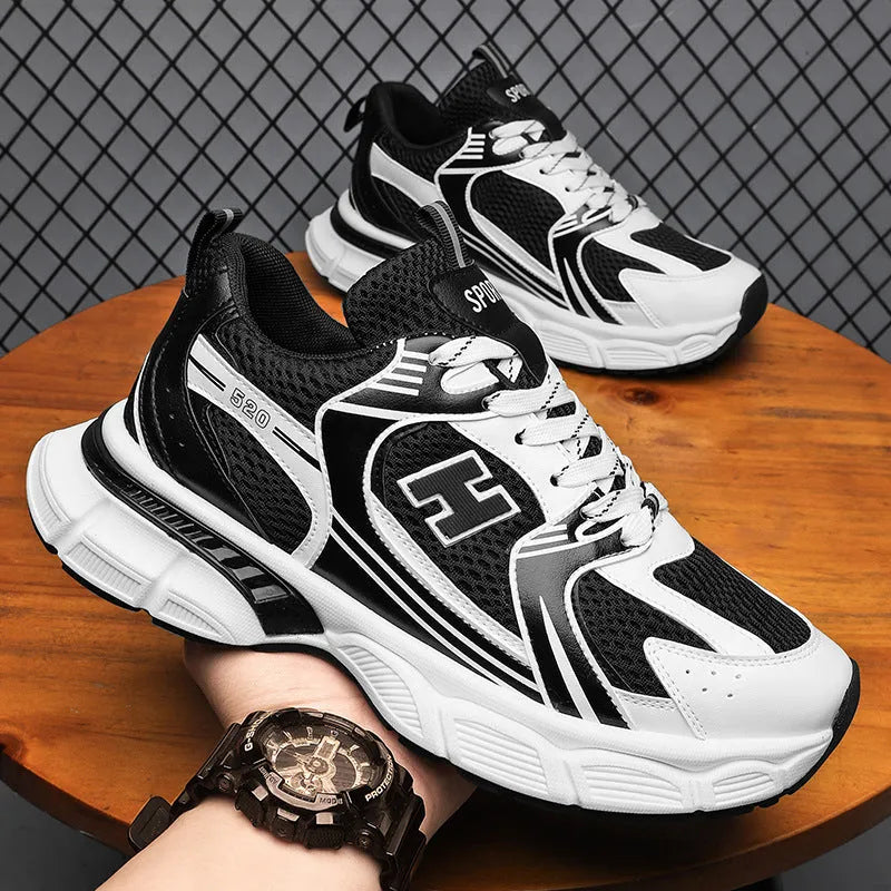 Men's mesh running shoes with plastic sole in three colour options showing round toe design