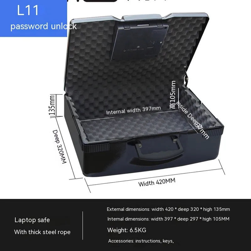 Portable small metal safe with a mechanical combination dial on the front.