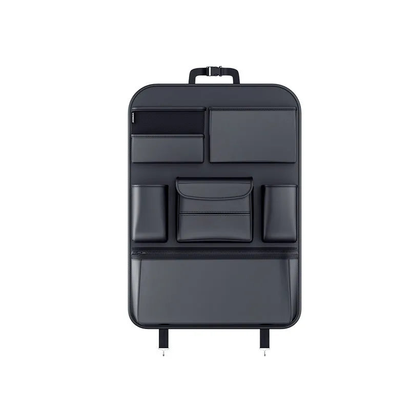 Black leather car seat back hanging storage bag with a handle, shown in large and small sizes for buggy organisation.
