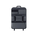 Black leather car seat back hanging storage bag with a handle, shown in large and small sizes for buggy organisation.