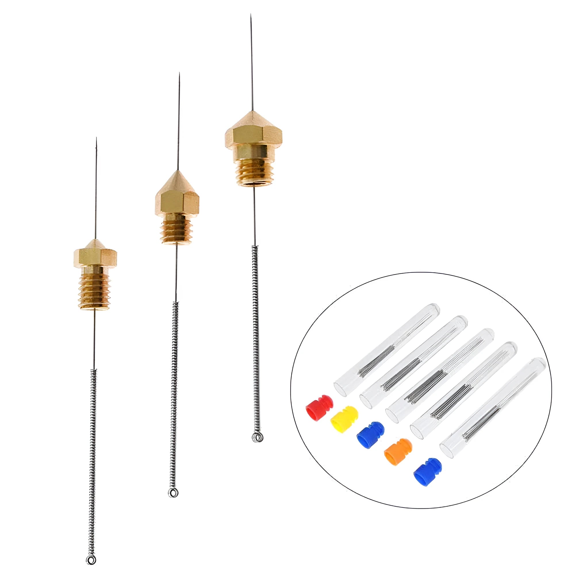 Ten steel cleaning needles for E3D Mk8 3D printer nozzles in labelled packaging