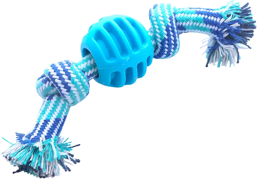 Blue molar-shaped dog chew toy with natural rubber rope attachment for dental cleaning