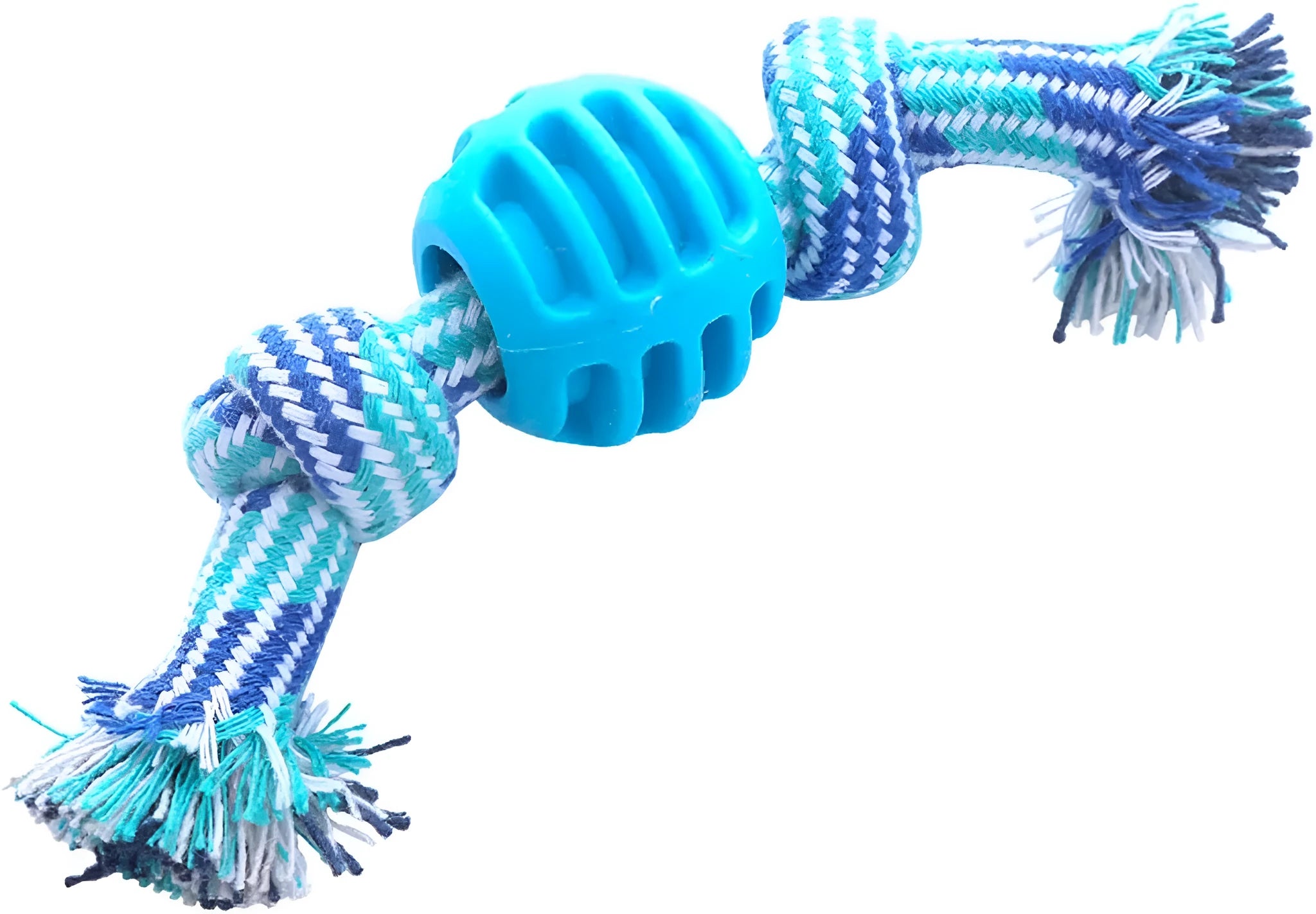 Blue molar-shaped dog chew toy with natural rubber rope attachment for dental cleaning