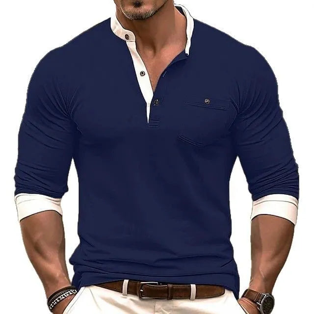 Men's long sleeve round neck cotton t-shirt in solid colours black, green, navy, brown, orange, and grey
