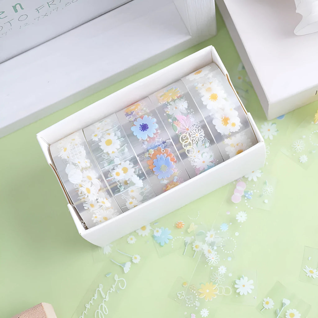 Five rolls of transparent adhesive tape with midsummer daisy cartoon pattern on clear PET polyester