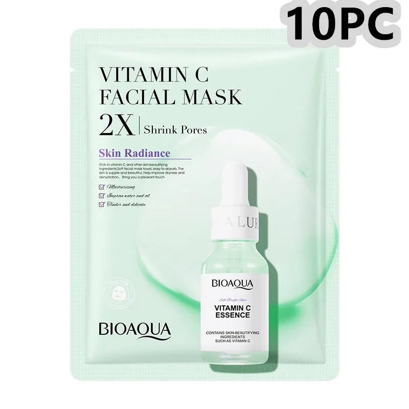Single-use facial sheet mask with gel serum, shown in Centella, Collagen, Hyaluronic Acid or Vitamin C variants.